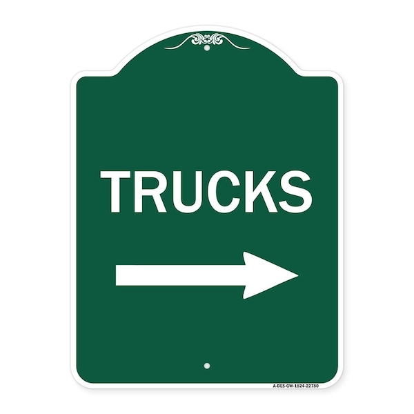 Signmission Trucks Sign Trucks W/ Right Arrow, Green & White Aluminum Sign, 18" x 24", GW-1824-22780 A-DES-GW-1824-22780 - main